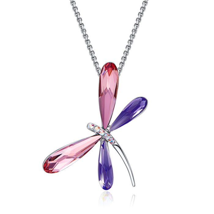 Mayfer, Collar con dije de libélula de cristal - Rosa y Morado