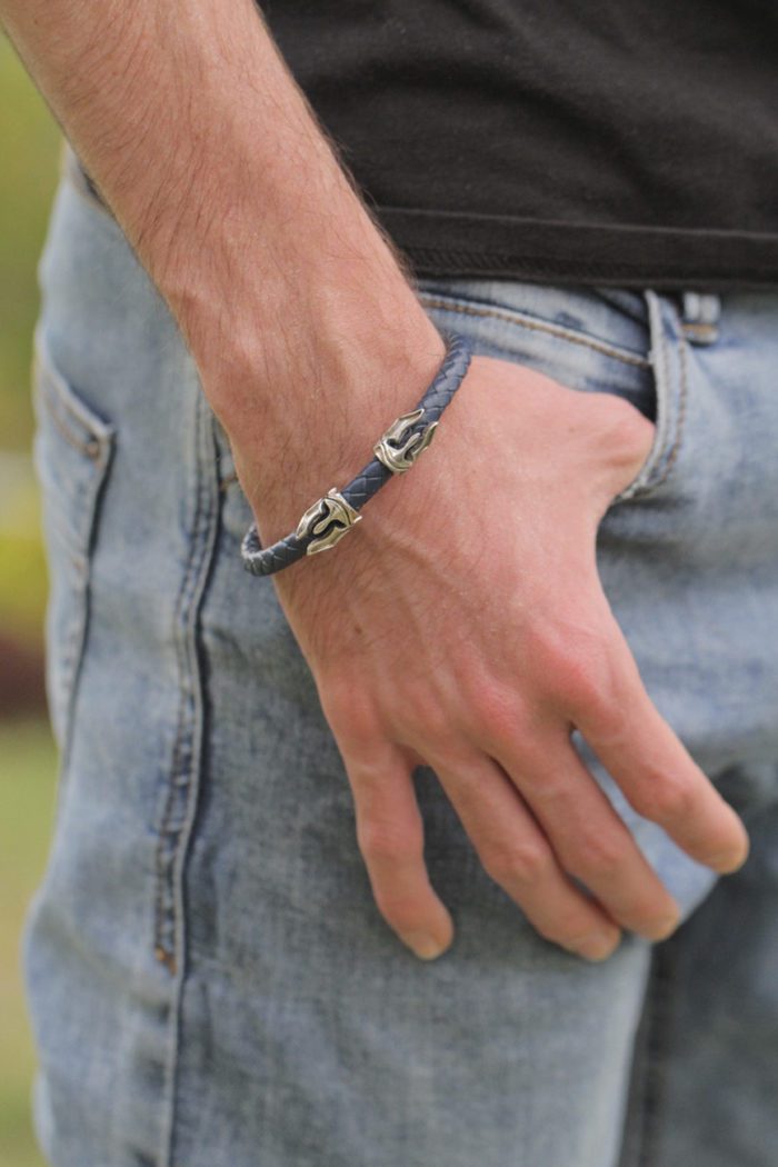 Mayfer Homme, Pulsera de piel con cascos troyanos - Azul - Imagen 3