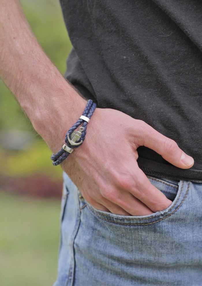 Mayfer Homme, Pulsera de piel con ancla de acero inoxidable - Azul - Imagen 3