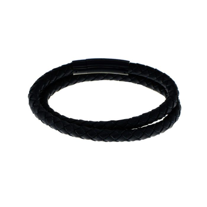 Mayfer Homme, Pulsera doble de piel trenzada - Negro