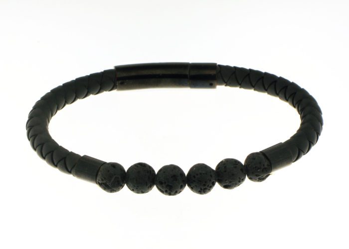 Mayfer Homme, Pulsera de de piel con roca volcánica - Negro