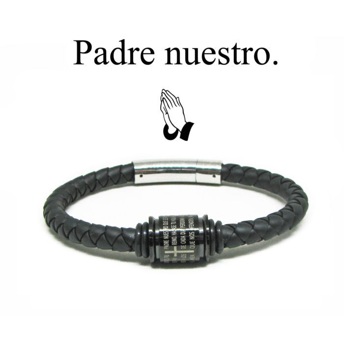 Mayfer Homme, Pulsera piel negra con oración Padre Nuestro