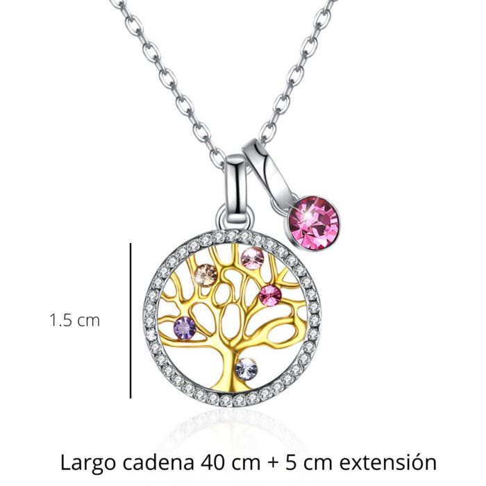 Delicado collar para mujer de plata 925 con dije de arbol vida bañado en oro, decorado con finos cristales austriacos de colores. - Imagen 2