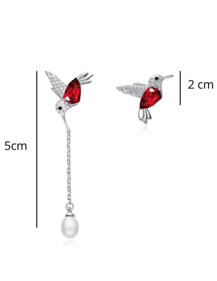 Mayfer, Aretes de plata 925 modelo Colibrí corto y largo con perla - Rojo - Imagen 2