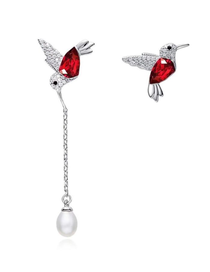 Mayfer, Aretes de plata 925 modelo Colibrí corto y largo con perla - Rojo