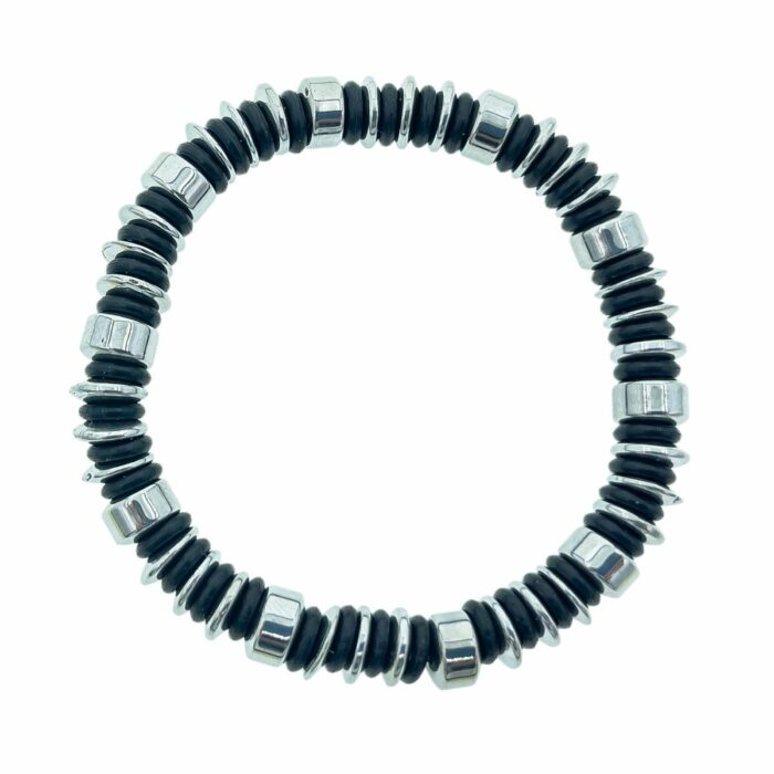 Mayfer Homme,Pulsera elástica de piedra hematita para   en color plateado con detalles de caucho en color negro.