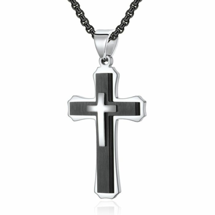 Mayfer Homme,Cadena con dije de acero inoxidable para   con diseño de cruz en color negro con plateado.