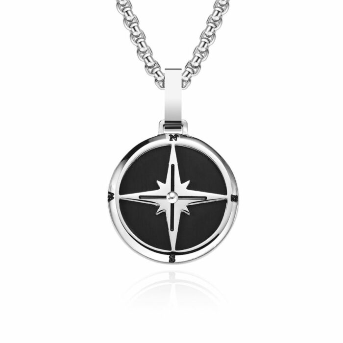 Mayfer Homme,Cadena con dije de acero inoxidable para   con diseño de estrella de brújula en color negro con plateado.