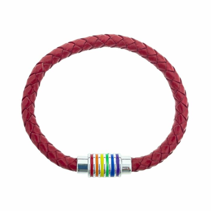 Mayfer Homme,Pulsera de piel en color rojo para   con broche de acero inoxidable decorado con colores del arcoiris.