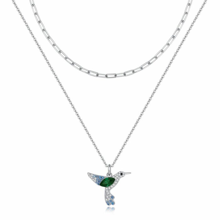 Mayfer, Collar doble de plata .925 con dije de Colibrí - Esmeralda