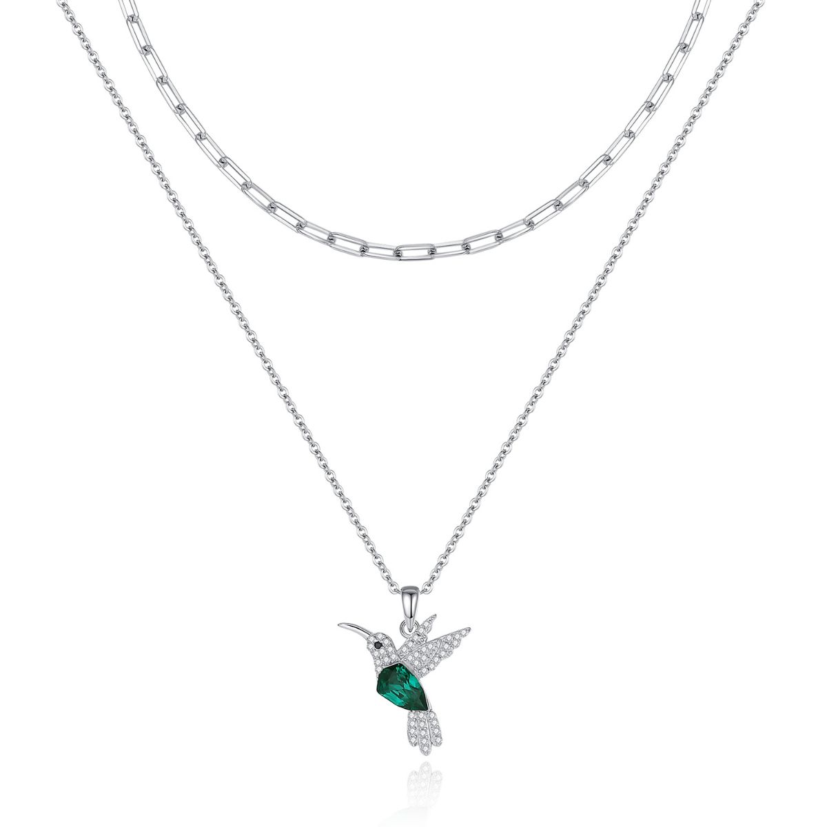 Mayfer,Collar doble de plata .925 con dije de Colibrí - Esmeralda