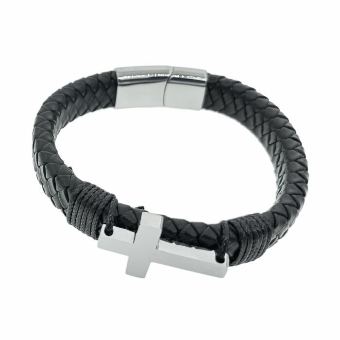 Mayfer Homme,Pulsera de piel para   en color negro con detalle de cruz plateada y broche de acero inoxidable.