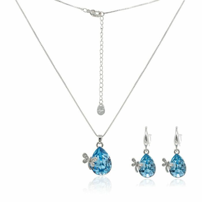 Mayfer,Set de Collar y Aretes modelo de gota y libelula - Azul
