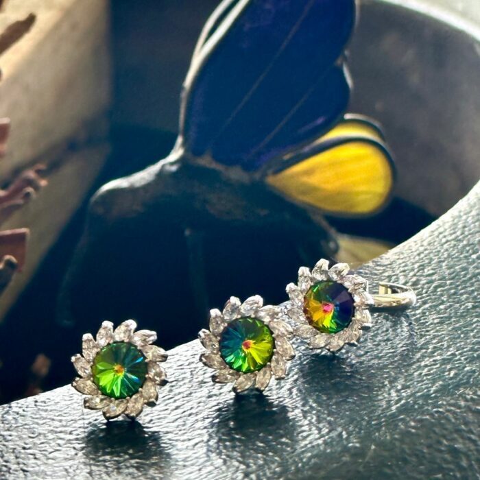 Mayfer,Set de Aretes y Anillo modelo flor margarita - Verde - Imagen 10