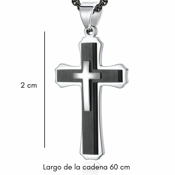 Mayfer Homme,Cadena con dije de acero inoxidable para   con diseño de cruz en color negro con plateado. - Imagen 3