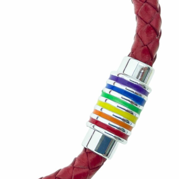 Mayfer Homme,Pulsera de piel en color rojo para   con broche de acero inoxidable decorado con colores del arcoiris. - Imagen 2