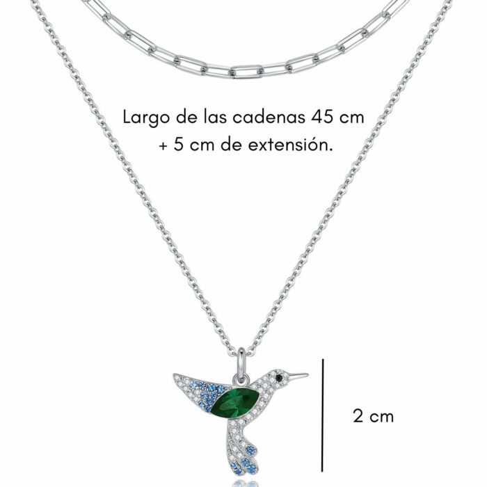 Mayfer, Collar doble de plata .925 con dije de Colibrí - Esmeralda - Imagen 3