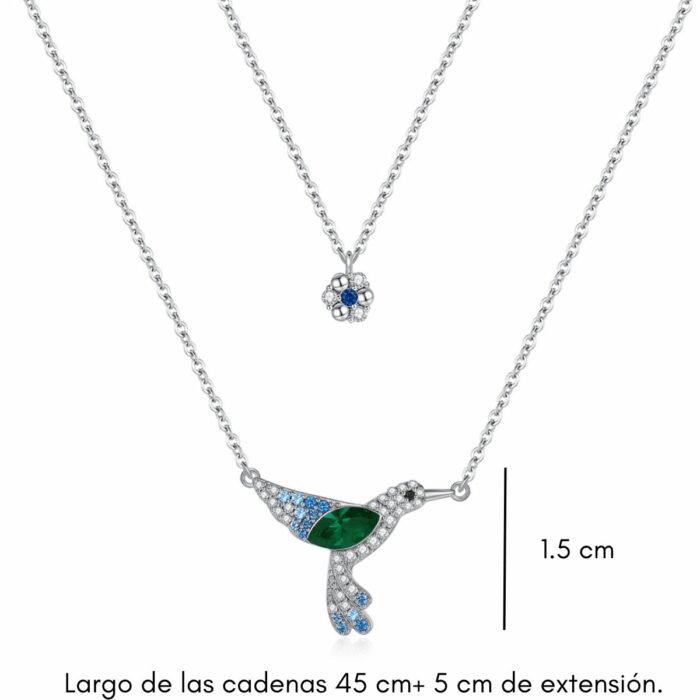 Mayfer, Set de dos Collares de plata .925 con dije de Colibrí y flor- Esmeralda - Imagen 3