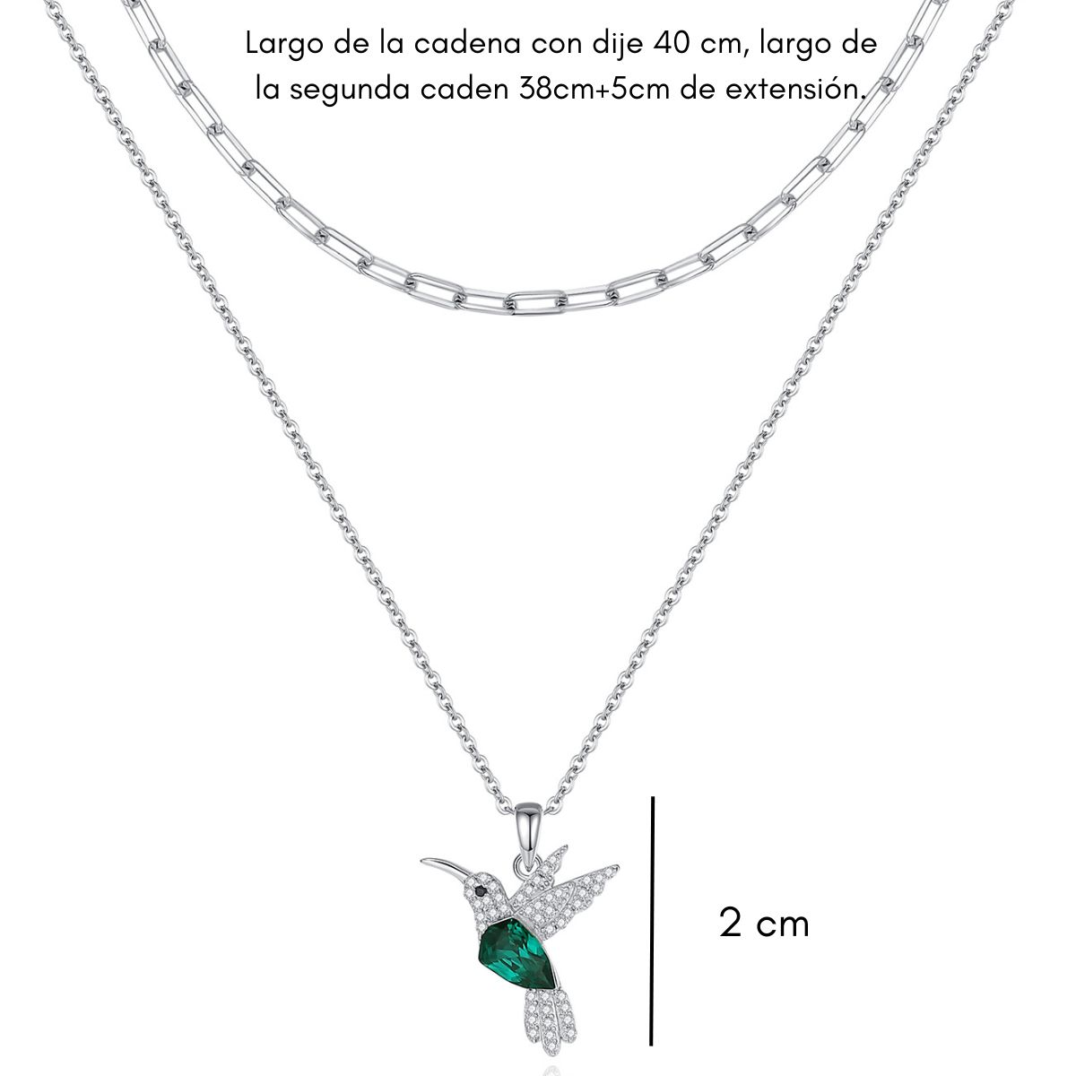 Mayfer,Collar doble de plata .925 con dije de Colibrí - Esmeralda - Imagen 3