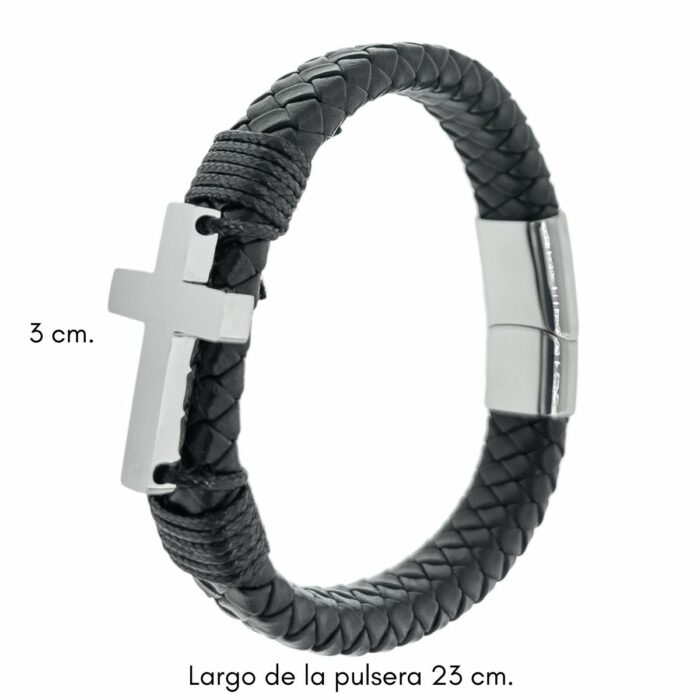 Mayfer Homme,Pulsera de piel para   en color negro con detalle de cruz plateada y broche de acero inoxidable. - Imagen 2