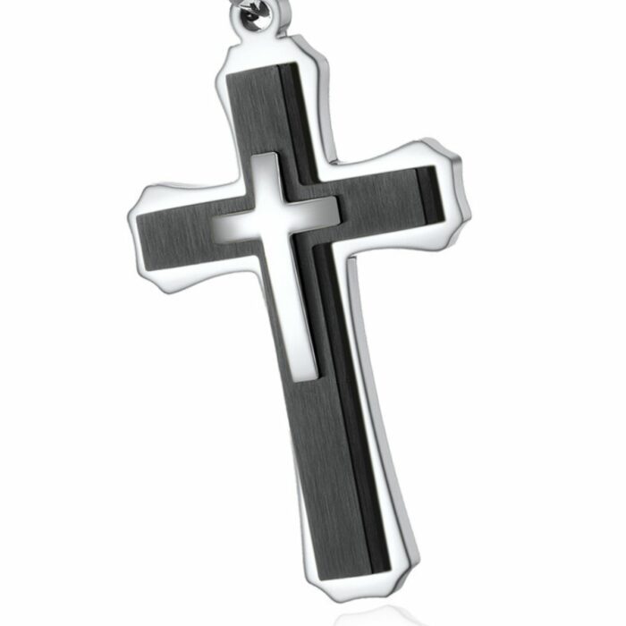 Mayfer Homme,Cadena con dije de acero inoxidable para   con diseño de cruz en color negro con plateado. - Imagen 2