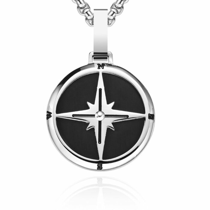 Mayfer Homme,Cadena con dije de acero inoxidable para   con diseño de estrella de brújula en color negro con plateado. - Imagen 3