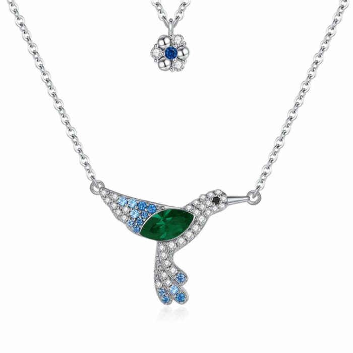 Mayfer, Set de dos Collares de plata .925 con dije de Colibrí y flor- Esmeralda - Imagen 2