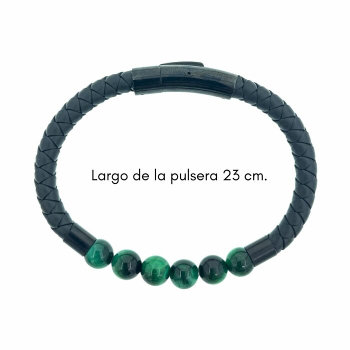 Mayfer Homme,Pulsera de piel para   en color negro con piedra malaquita y broche de acero inóxidable - Imagen 3