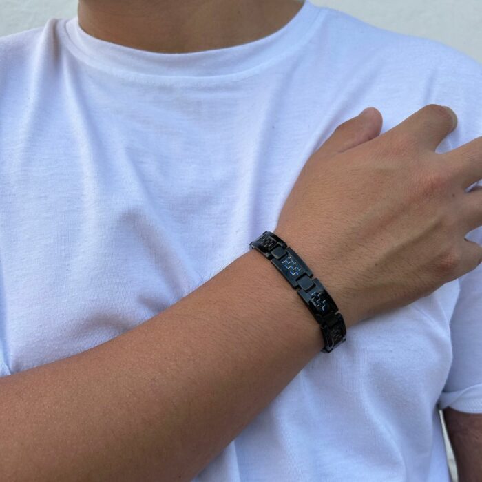 Mayfer Homme,Pulsera de acero inóxidable con diseño de eslabones en color negro y azul - Imagen 4