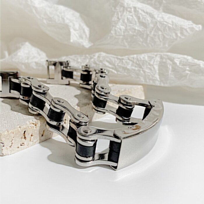 Mayfer Homme,Pulsera tipo esclava para   de acero inoxidable en color plateado con negro. - Imagen 5