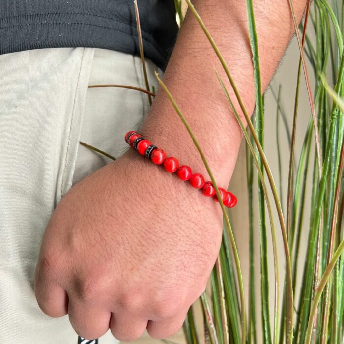 Mayfer Homme,Pulsera elastica para   con diseño de piedra natural en tonalidades rojas y detalles en color negro - Imagen 4