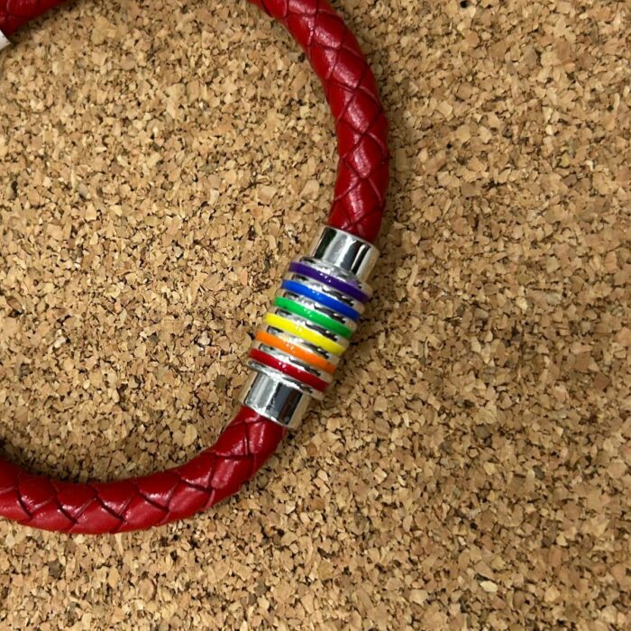 Mayfer Homme,Pulsera de piel en color rojo para   con broche de acero inoxidable decorado con colores del arcoiris. - Imagen 5