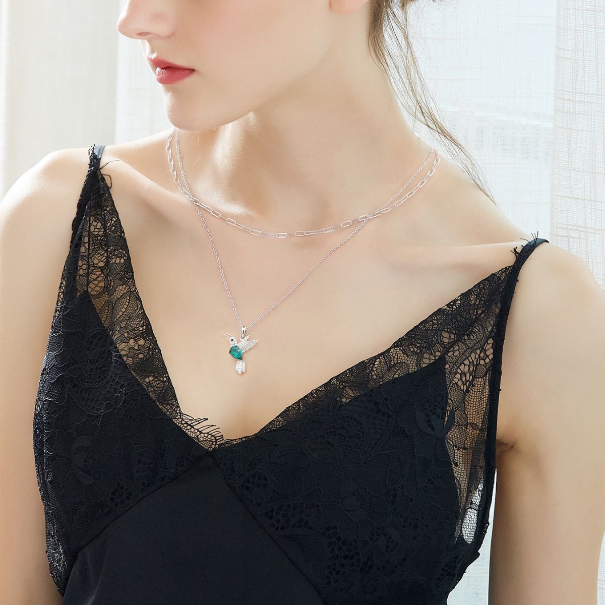 Mayfer,Collar doble de plata .925 con dije de Colibrí - Esmeralda - Imagen 5