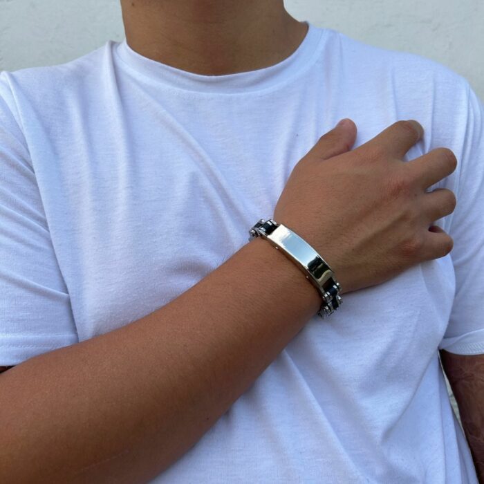 Mayfer Homme,Pulsera tipo esclava para   de acero inoxidable en color plateado con negro. - Imagen 4