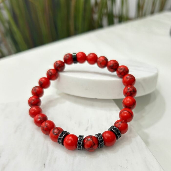 Mayfer Homme,Pulsera elastica para   con diseño de piedra natural en tonalidades rojas y detalles en color negro - Imagen 5
