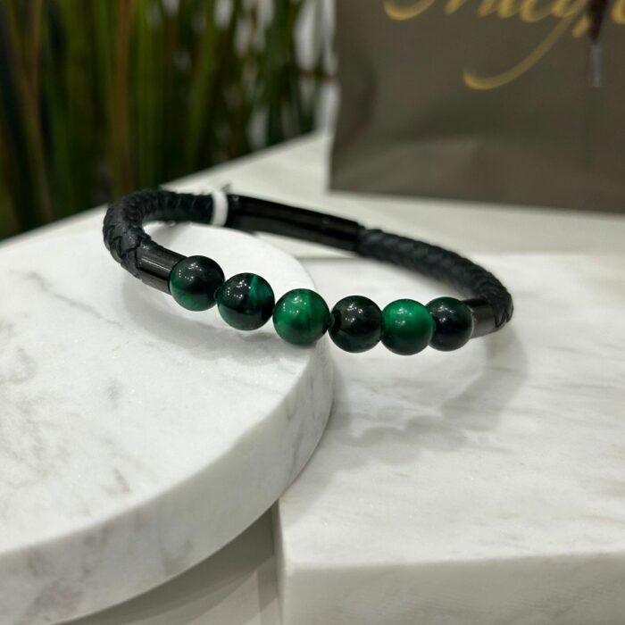 Mayfer Homme,Pulsera de piel para   en color negro con piedra malaquita y broche de acero inóxidable - Imagen 5