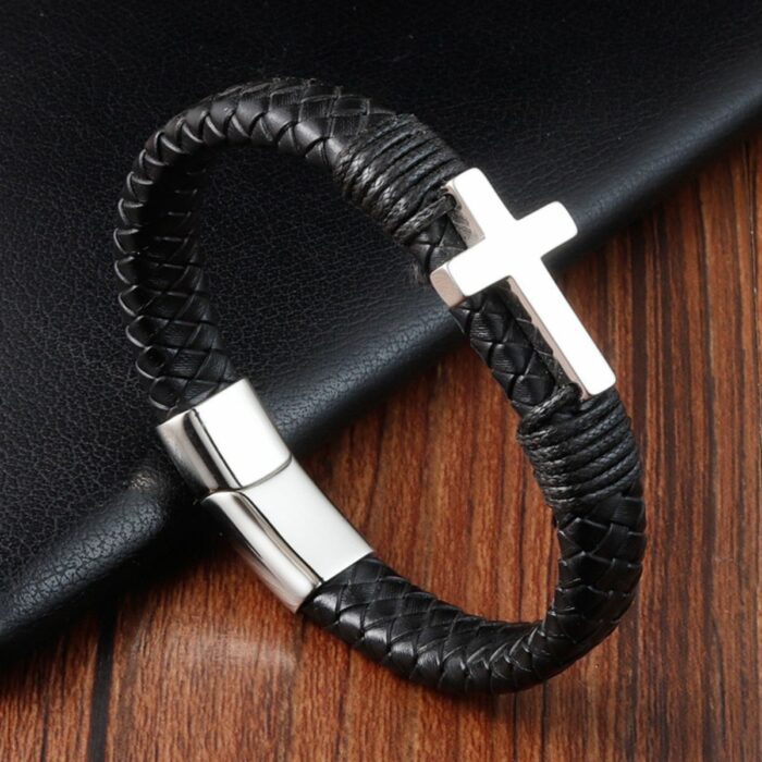 Mayfer Homme,Pulsera de piel para   en color negro con detalle de cruz plateada y broche de acero inoxidable. - Imagen 6