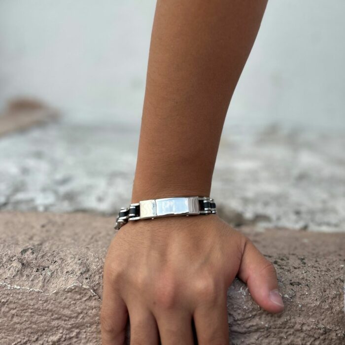 Mayfer Homme,Pulsera tipo esclava para   de acero inoxidable en color plateado con negro. - Imagen 6
