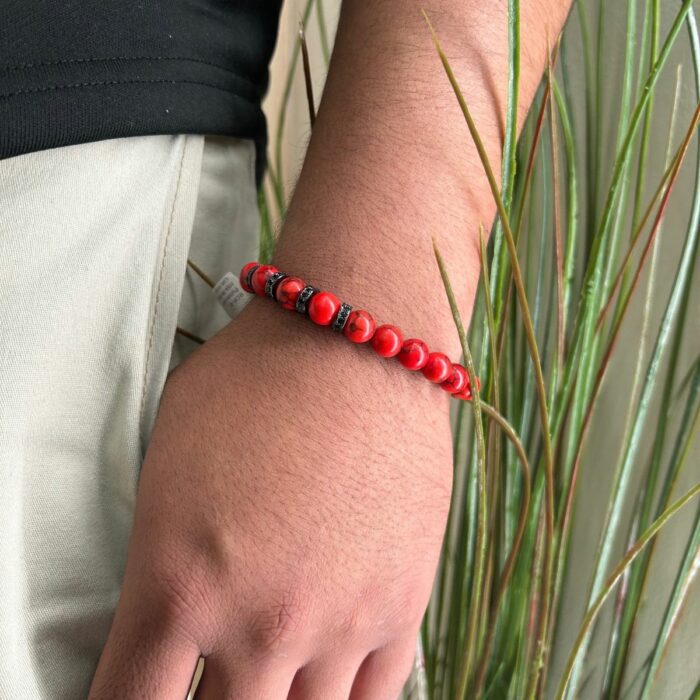 Mayfer Homme,Pulsera elastica para   con diseño de piedra natural en tonalidades rojas y detalles en color negro - Imagen 6