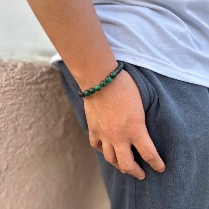 Mayfer Homme,Pulsera de piel para   en color negro con piedra malaquita y broche de acero inóxidable - Imagen 6