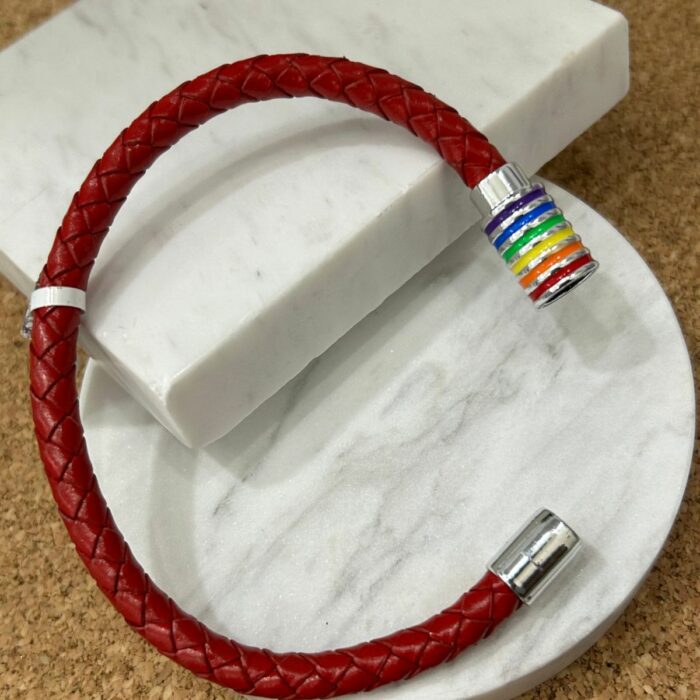 Mayfer Homme,Pulsera de piel en color rojo para   con broche de acero inoxidable decorado con colores del arcoiris. - Imagen 7