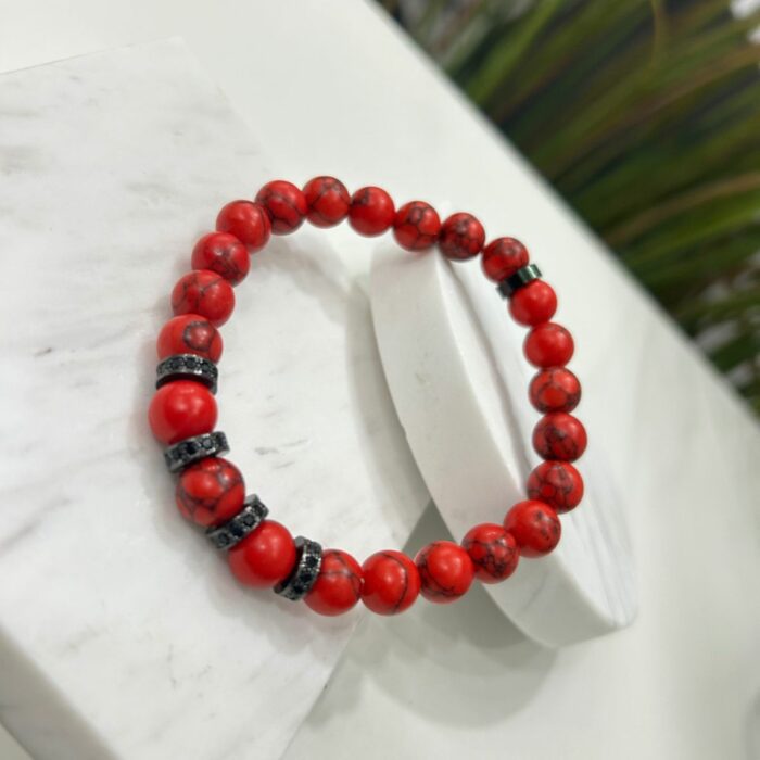 Mayfer Homme,Pulsera elastica para   con diseño de piedra natural en tonalidades rojas y detalles en color negro - Imagen 7