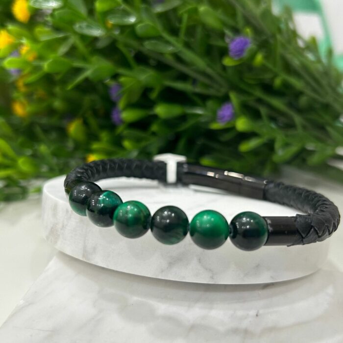 Mayfer Homme,Pulsera de piel para   en color negro con piedra malaquita y broche de acero inóxidable - Imagen 7