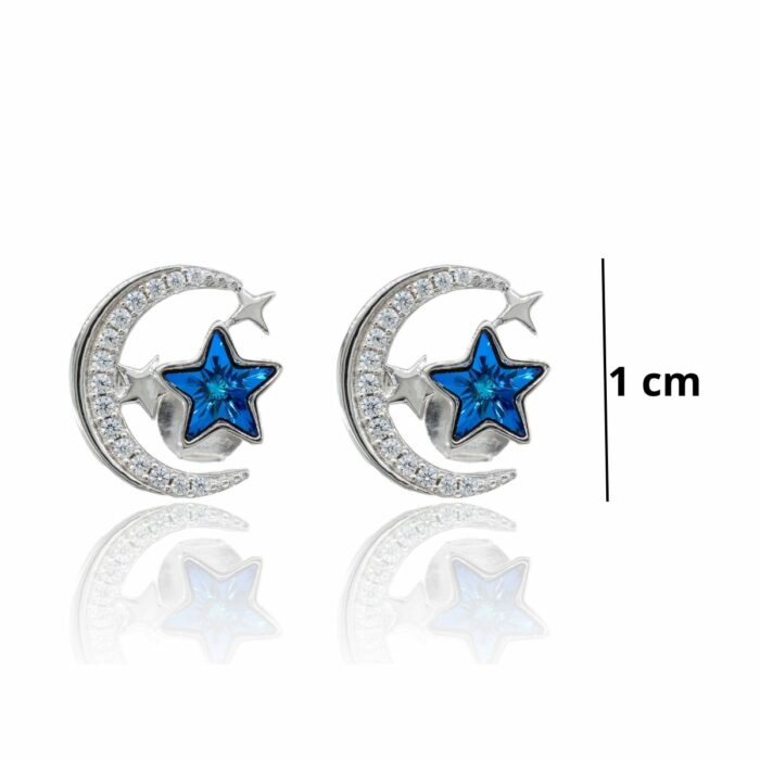 Mayfer, Aretes de tipo broquel de plata 925 con diseño de luna y estrella con cristal austriaco color azul - Imagen 3