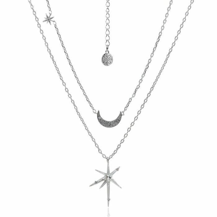 Mayfer, Collar doble plateado con dije de luna y estrella decorados con cristales austriacos