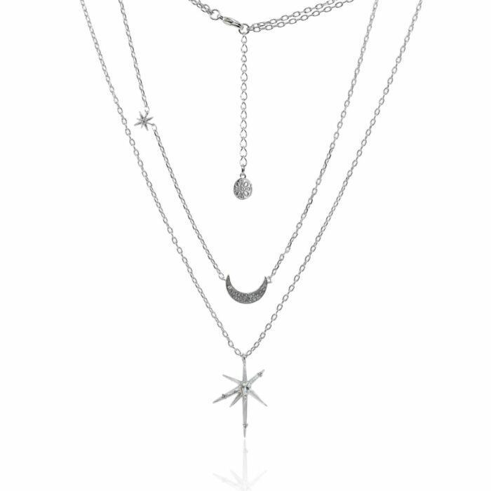 Mayfer, Collar doble plateado con dije de luna y estrella decorados con cristales austriacos - Imagen 3
