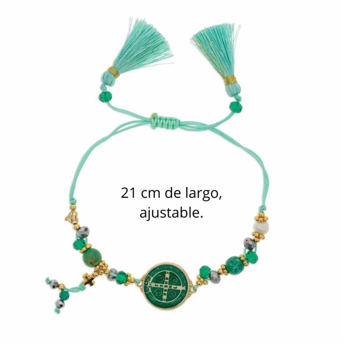 Mayfer Boho ,Pulsera ajustable verde con dije de San Benito - Imagen 2