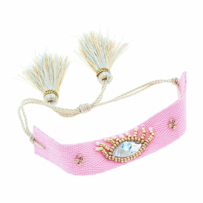 Mayfer Boho , Pulsera ajustable rosa de tela con diseño de ojo bordado