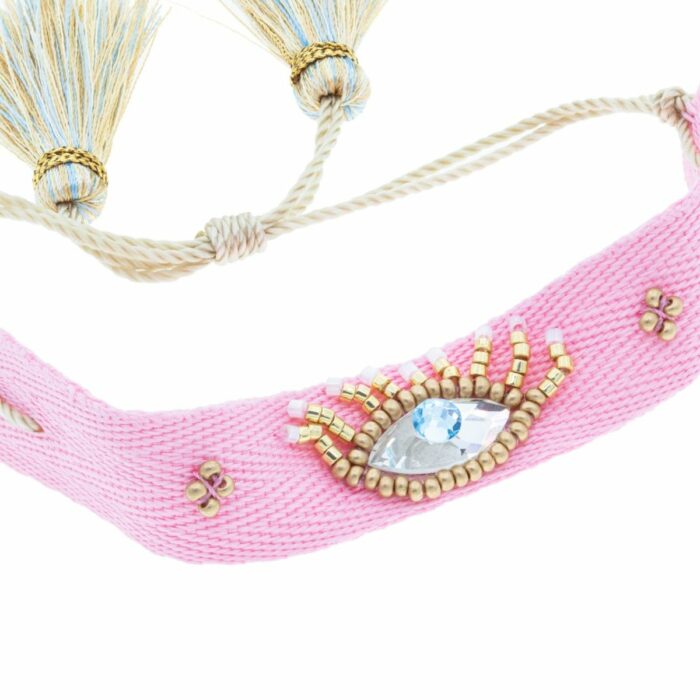Mayfer Boho , Pulsera ajustable rosa de tela con diseño de ojo bordado - Imagen 3