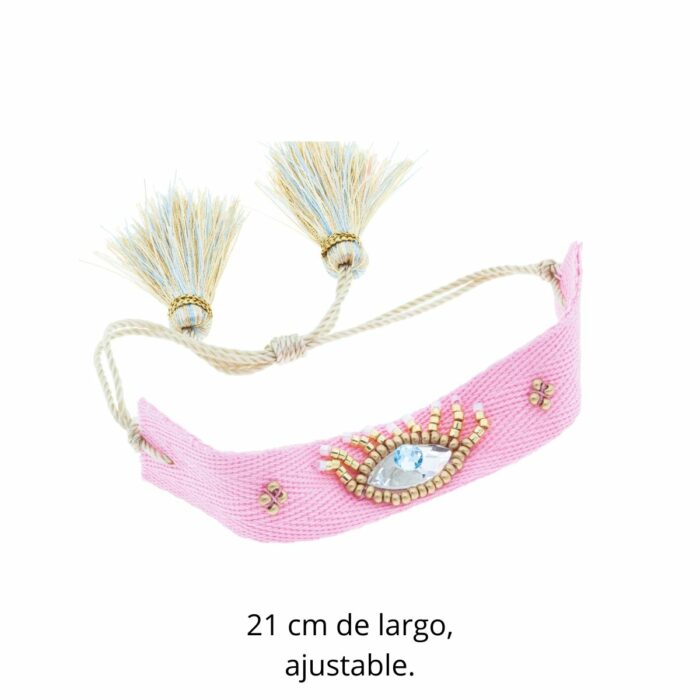 Mayfer Boho , Pulsera ajustable rosa de tela con diseño de ojo bordado - Imagen 2
